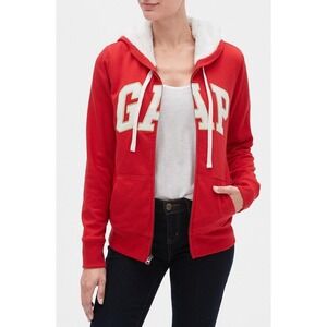 Gap Red Sherpa Lined Full Zip Hoodie Logo Sweatshirt Women's Small